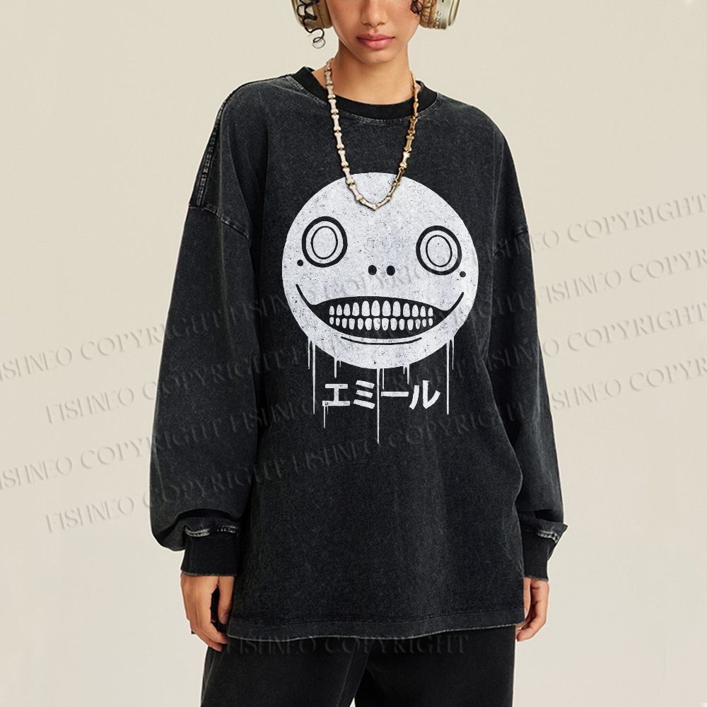Unisex Casual Washed Ghost Face Printed Long Sleeve T-shirt