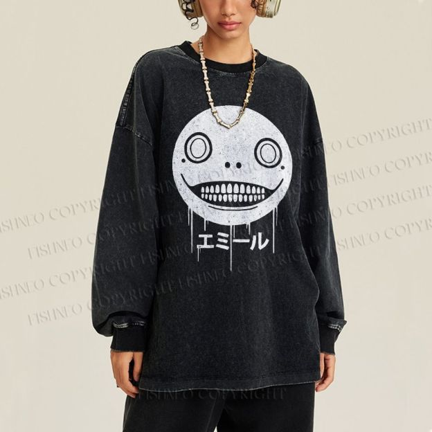 Unisex Casual Washed Ghost Face Printed Long Sleeve T-shirt