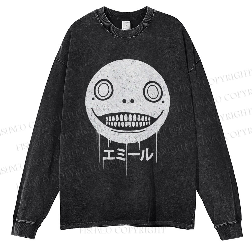 Unisex Casual Washed Ghost Face Printed Long Sleeve T-shirt