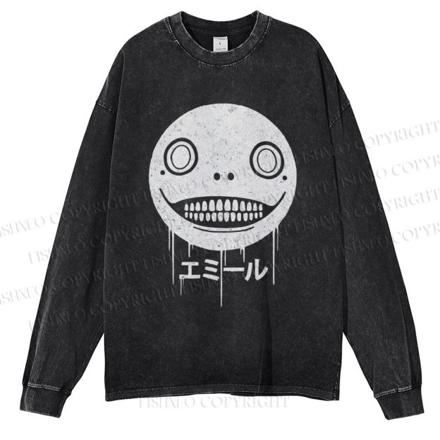 Unisex Casual Washed Ghost Face Printed Long Sleeve T-shirt