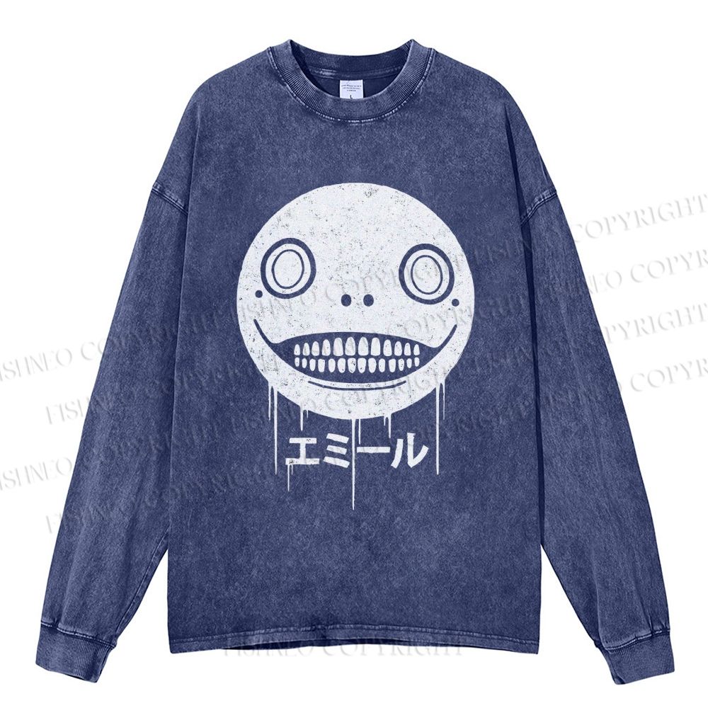 Unisex Casual Washed Ghost Face Printed Long Sleeve T-shirt