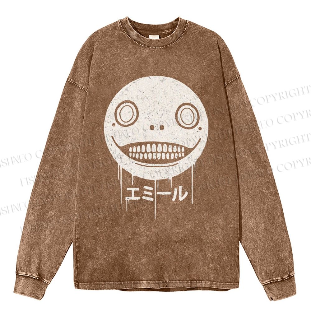 Unisex Casual Washed Ghost Face Printed Long Sleeve T-shirt