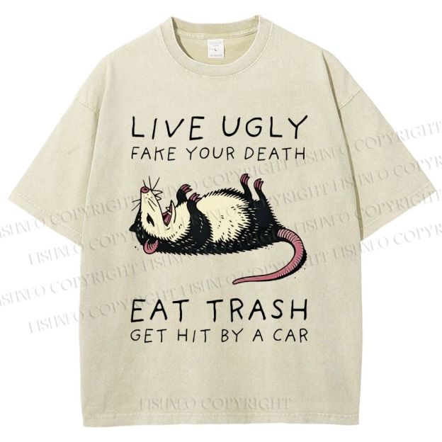 Unisex Live Ugly Eat Trash Rat Printed Washed Tee