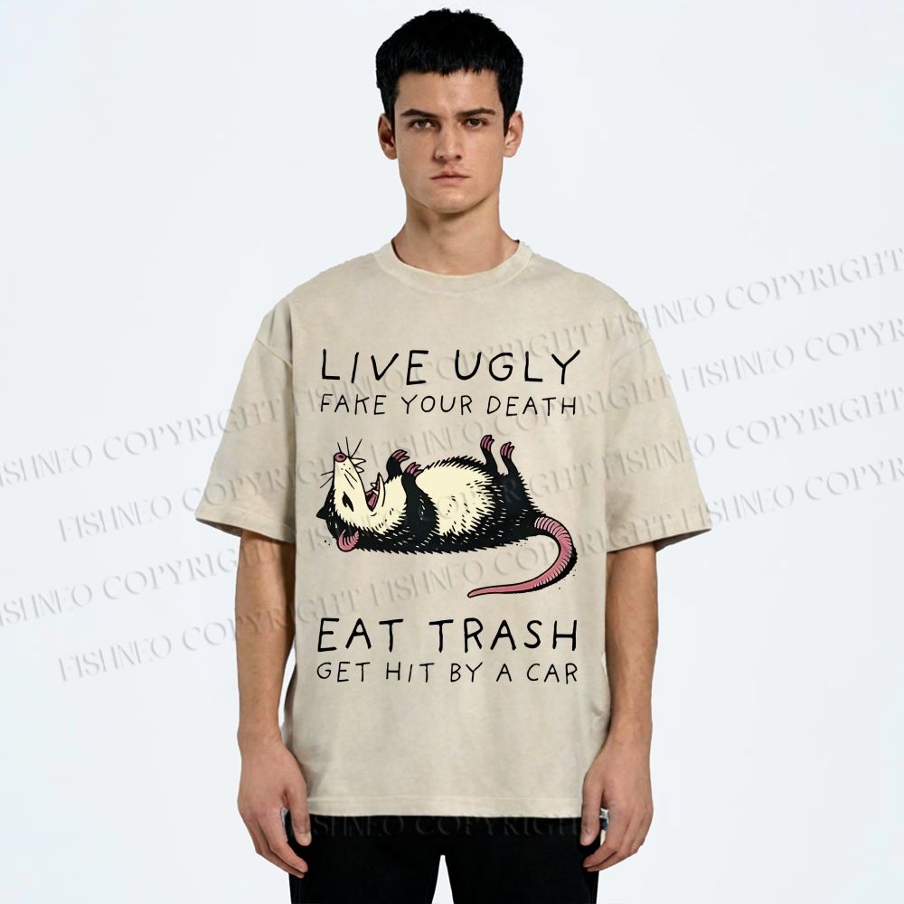 Unisex Live Ugly Eat Trash Rat Printed Washed Tee