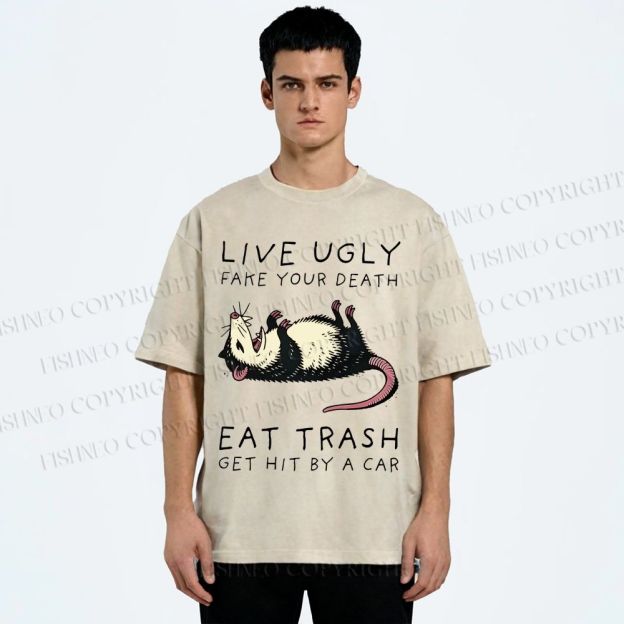 Unisex Live Ugly Eat Trash Rat Printed Washed Tee