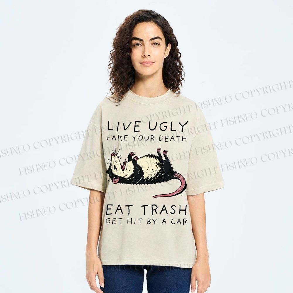 Unisex Live Ugly Eat Trash Rat Printed Washed Tee