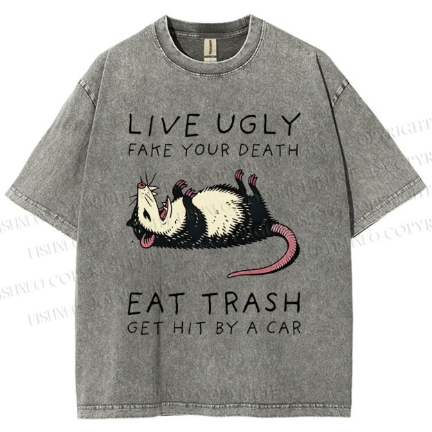 Unisex Live Ugly Eat Trash Rat Printed Washed Tee