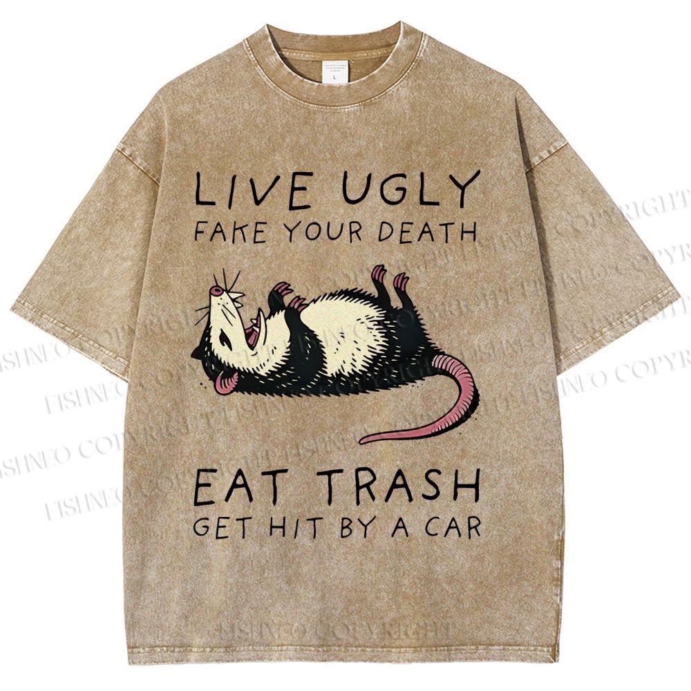 Unisex Live Ugly Eat Trash Rat Printed Washed Tee