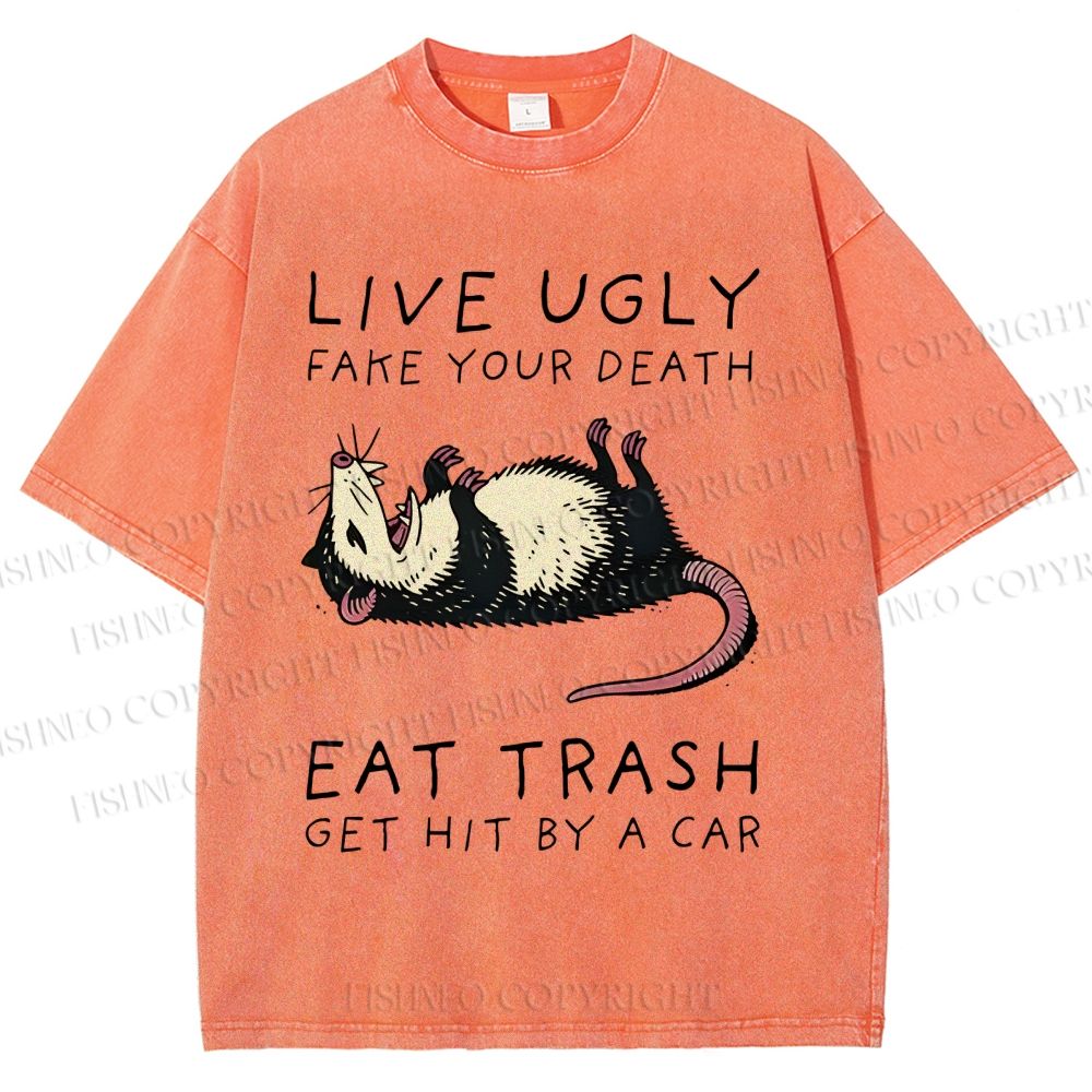 Unisex Live Ugly Eat Trash Rat Printed Washed Tee