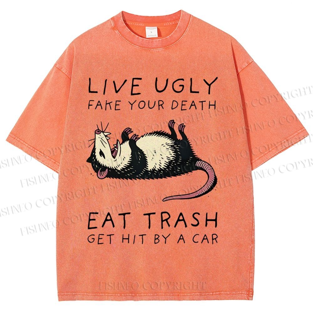 Unisex Live Ugly Eat Trash Rat Printed Washed Tee