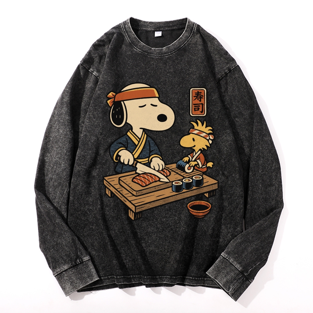 Unisex Snoopy Vintage Cotton Wash Crewneck Long-Sleeve T-Shirt