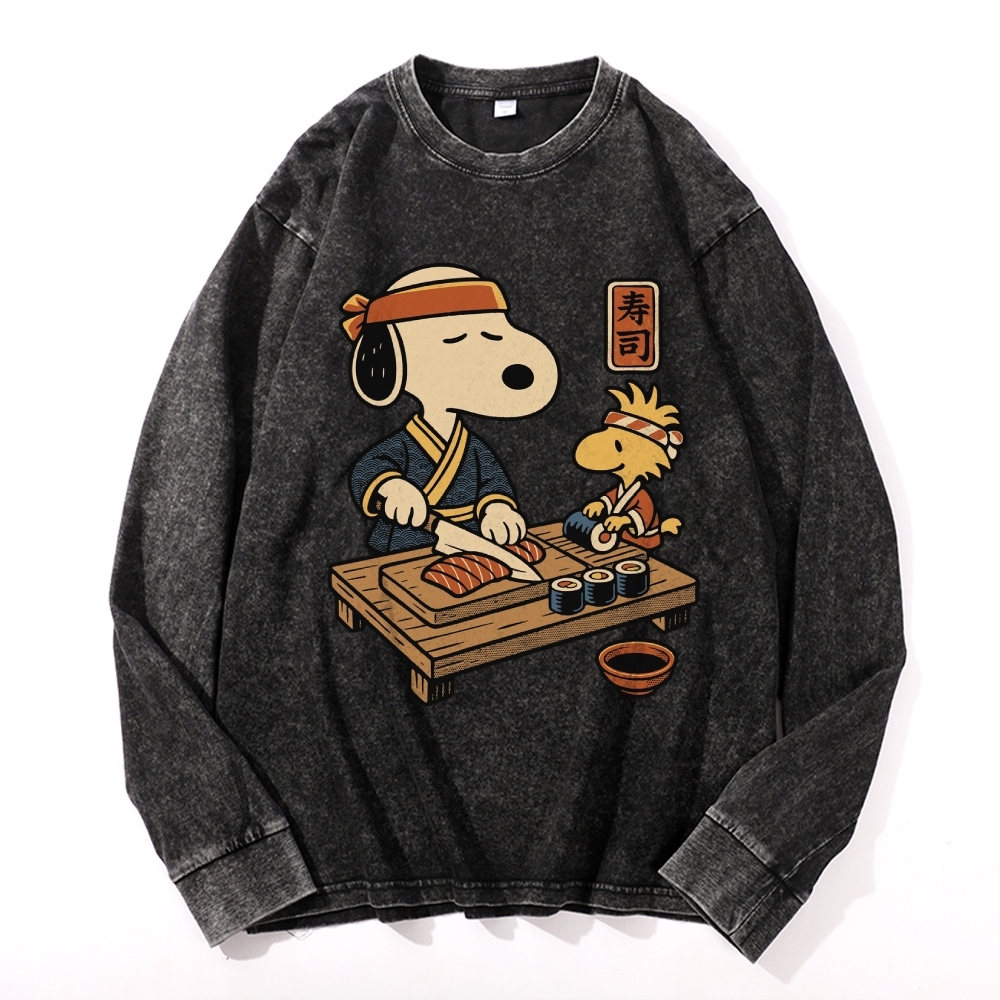 Unisex Snoopy Vintage Cotton Wash Crewneck Long-Sleeve T-Shirt