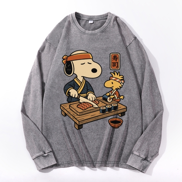 Unisex Snoopy Vintage Cotton Wash Crewneck Long-Sleeve T-Shirt