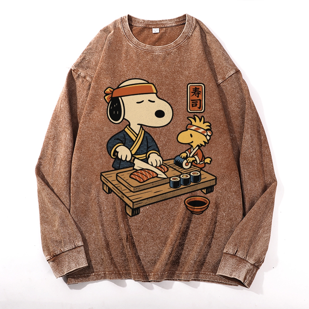 Unisex Snoopy Vintage Cotton Wash Crewneck Long-Sleeve T-Shirt