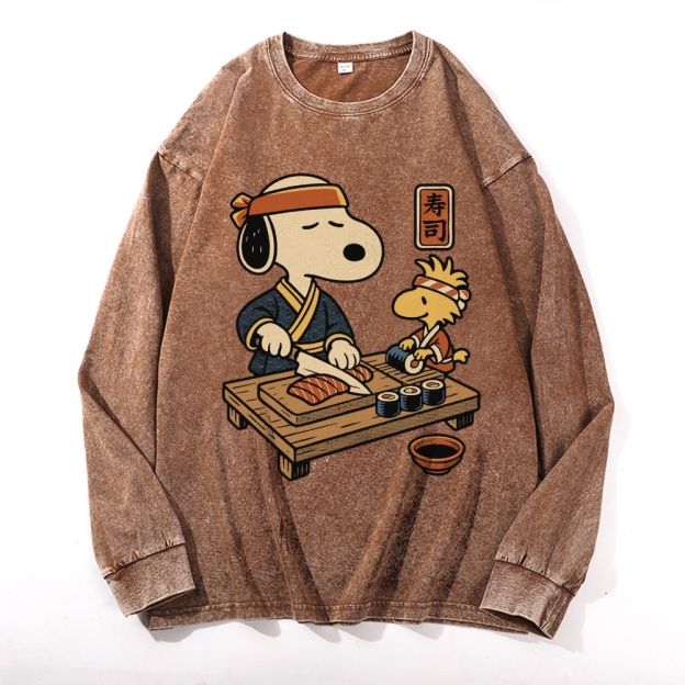 Unisex Snoopy Vintage Cotton Wash Crewneck Long-Sleeve T-Shirt