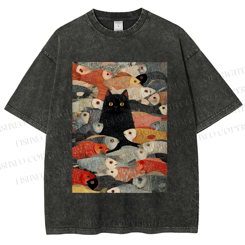 Unisex Vintage Japanese Black Cat Koi Fish Printed Washed Tee