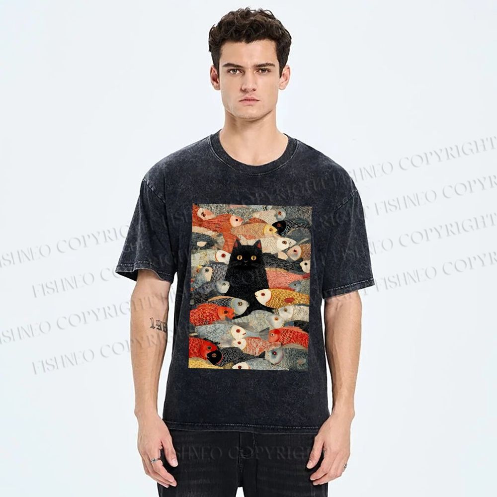 Unisex Vintage Japanese Black Cat Koi Fish Printed Washed Tee