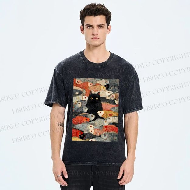 Unisex Vintage Japanese Black Cat Koi Fish Printed Washed Tee