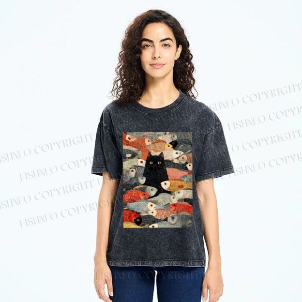 Unisex Vintage Japanese Black Cat Koi Fish Printed Washed Tee