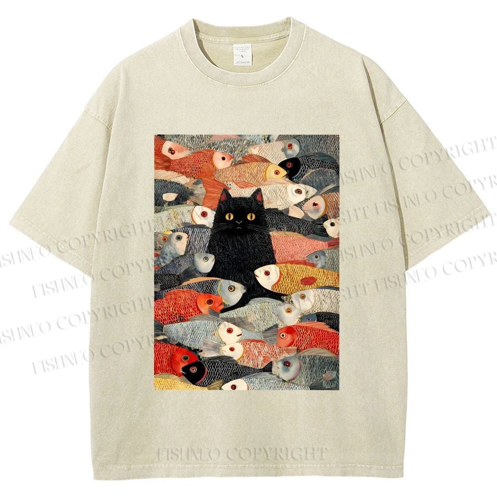 Unisex Vintage Japanese Black Cat Koi Fish Printed Washed Tee