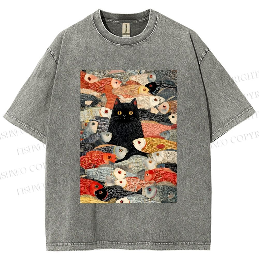 Unisex Vintage Japanese Black Cat Koi Fish Printed Washed Tee