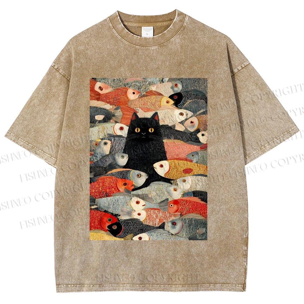 Unisex Vintage Japanese Black Cat Koi Fish Printed Washed Tee