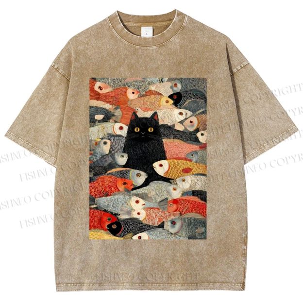 Unisex Vintage Japanese Black Cat Koi Fish Printed Washed Tee