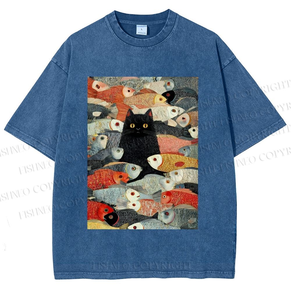 Unisex Vintage Japanese Black Cat Koi Fish Printed Washed Tee