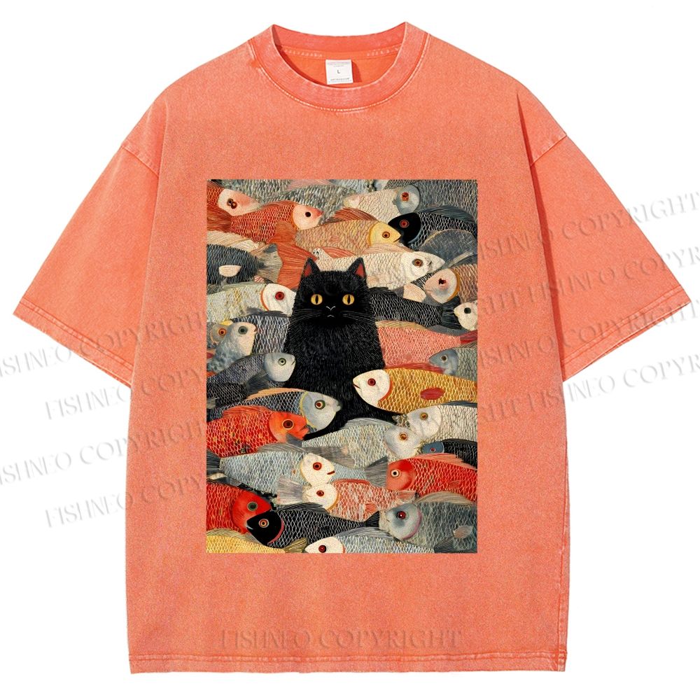 Unisex Vintage Japanese Black Cat Koi Fish Printed Washed Tee