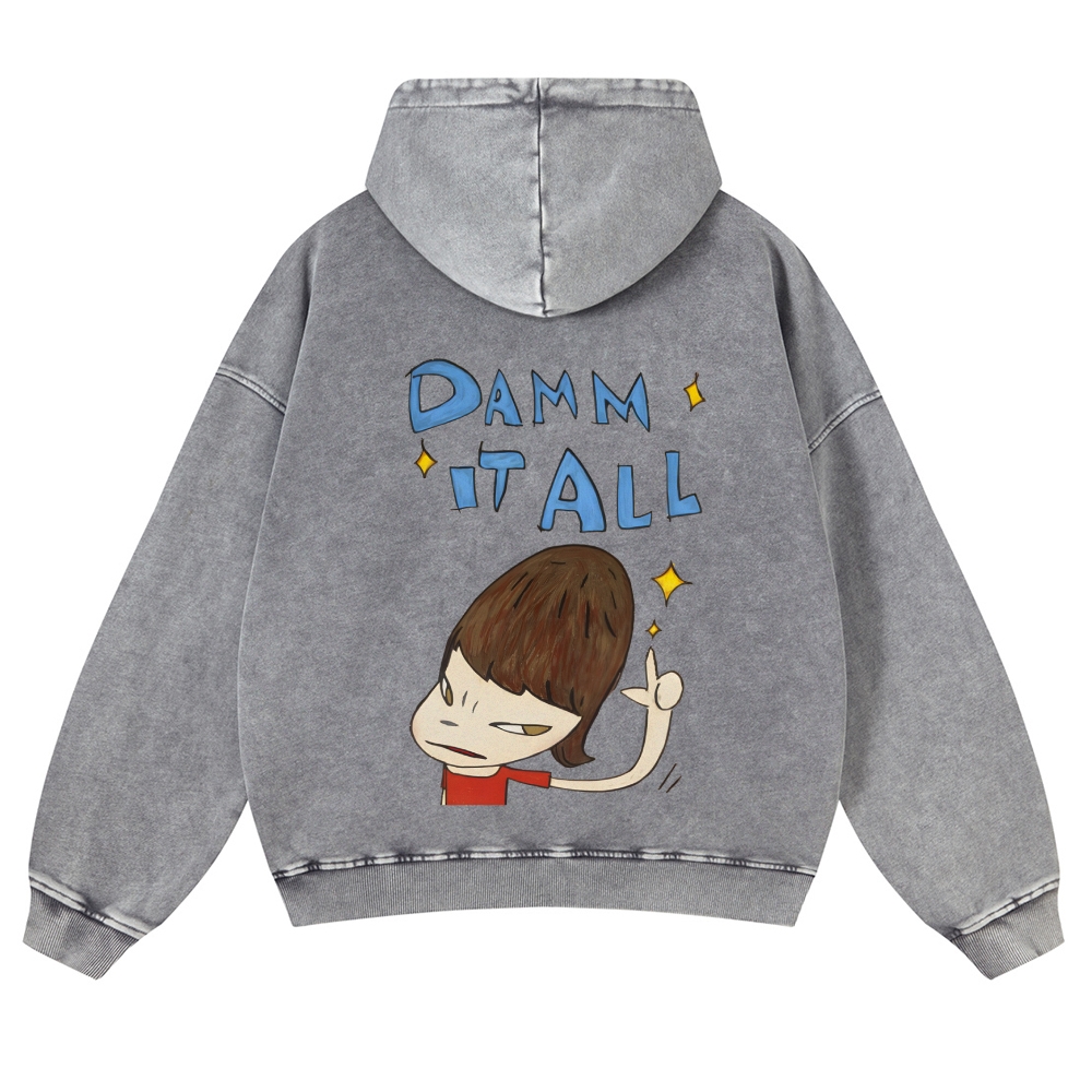 Casual Japanese Art Yoshitomo Nara Damn It All Washed Hoodie