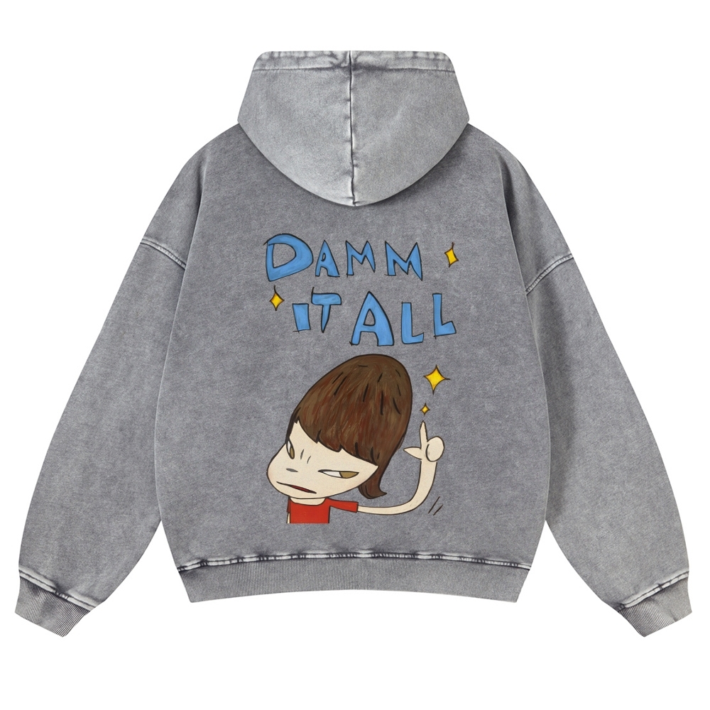 Casual Japanese Art Yoshitomo Nara Damn It All Washed Hoodie