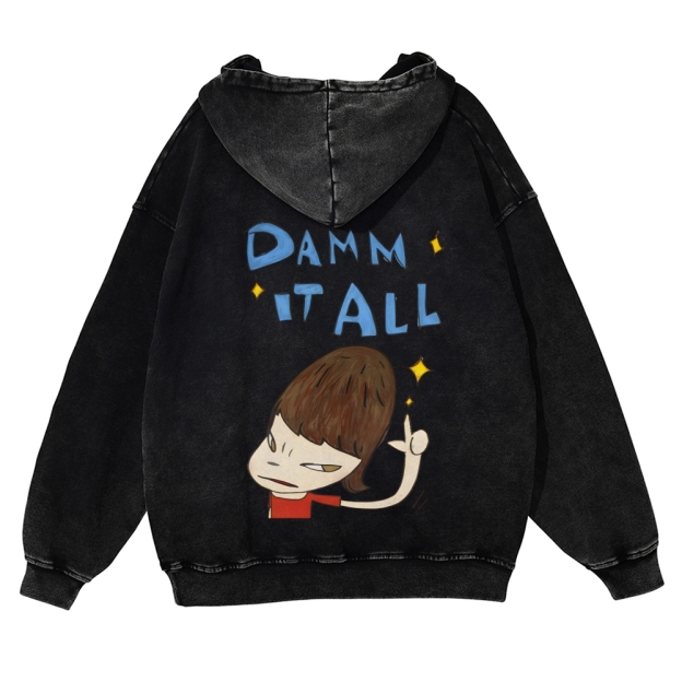 Casual Japanese Art Yoshitomo Nara Damn It All Washed Hoodie