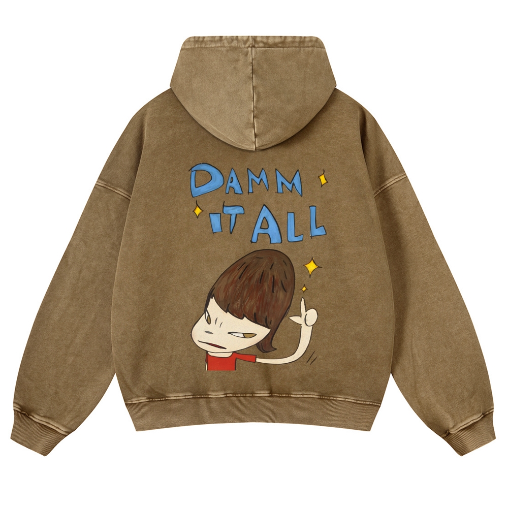 Casual Japanese Art Yoshitomo Nara Damn It All Washed Hoodie