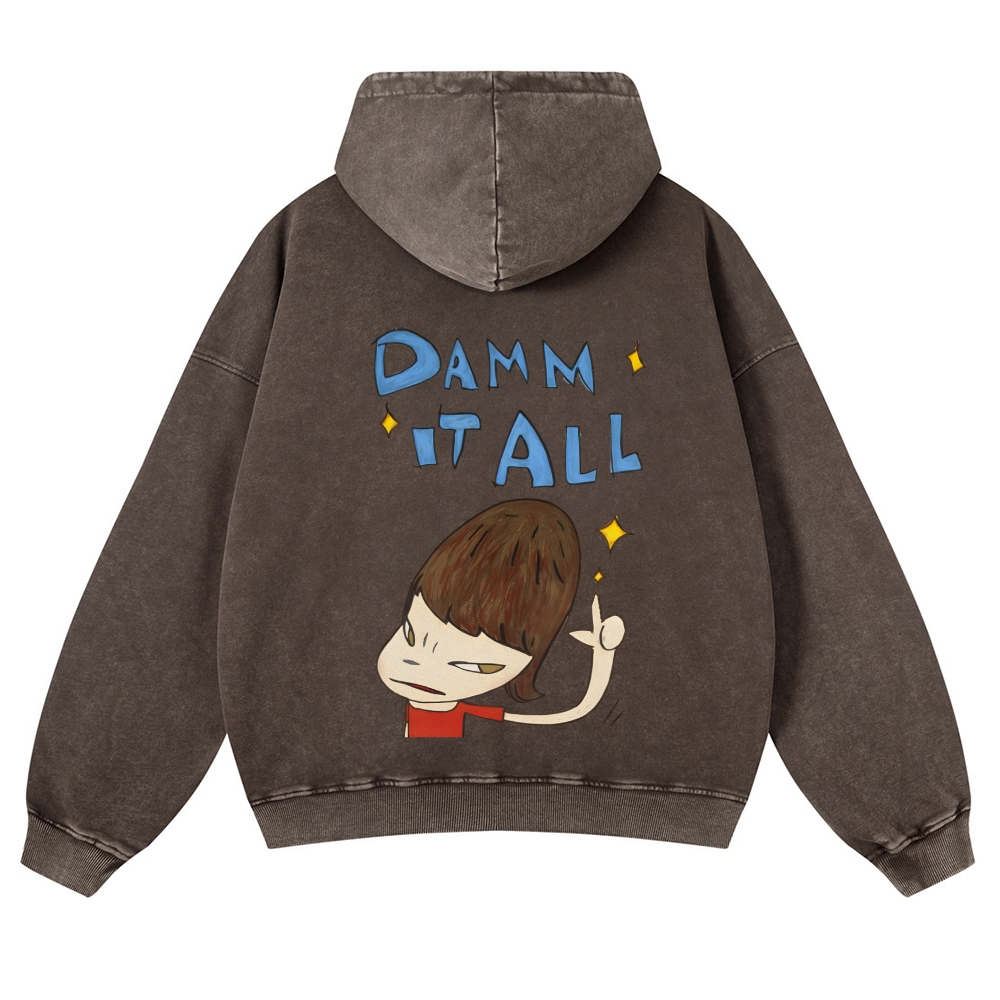 Casual Japanese Art Yoshitomo Nara Damn It All Washed Hoodie