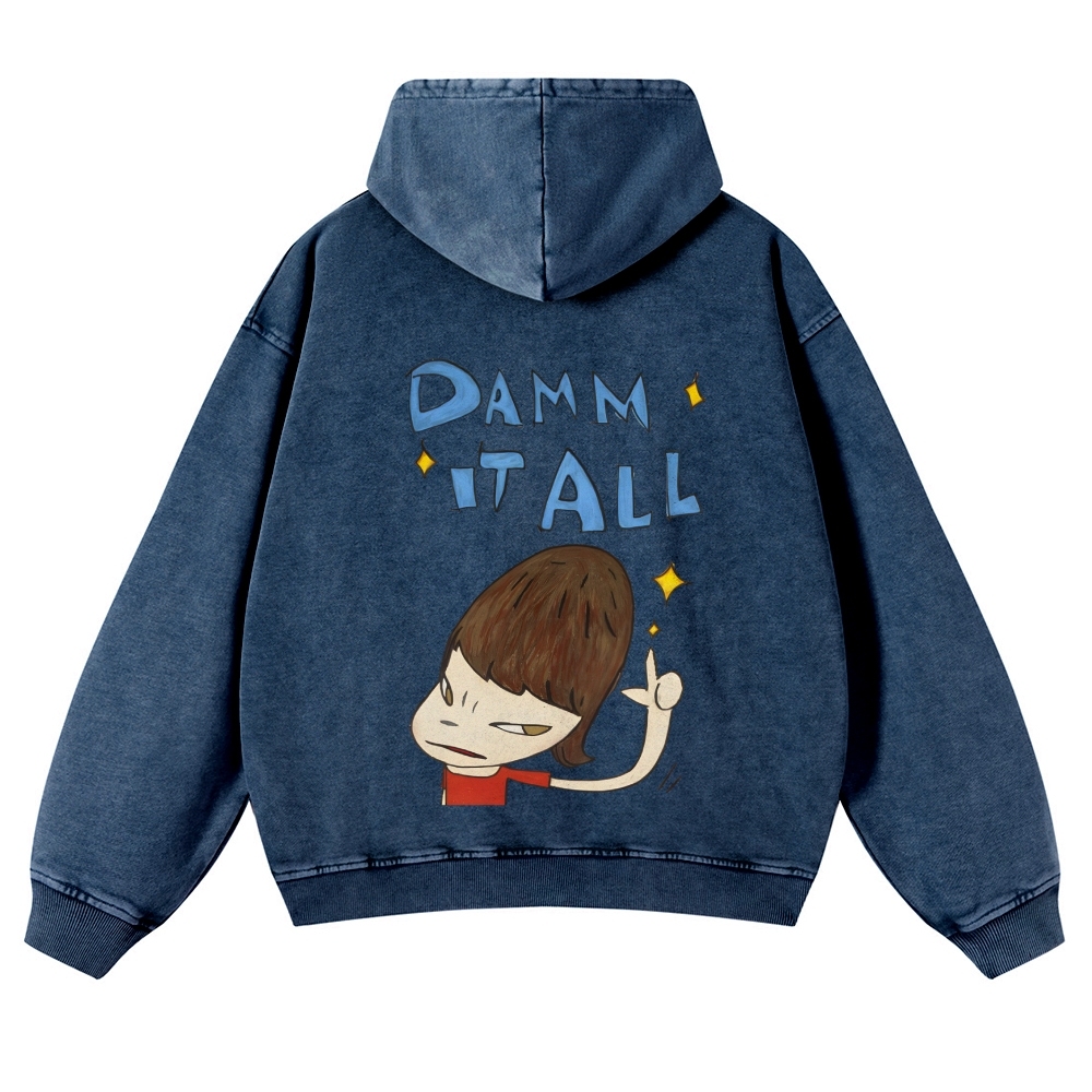 Casual Japanese Art Yoshitomo Nara Damn It All Washed Hoodie