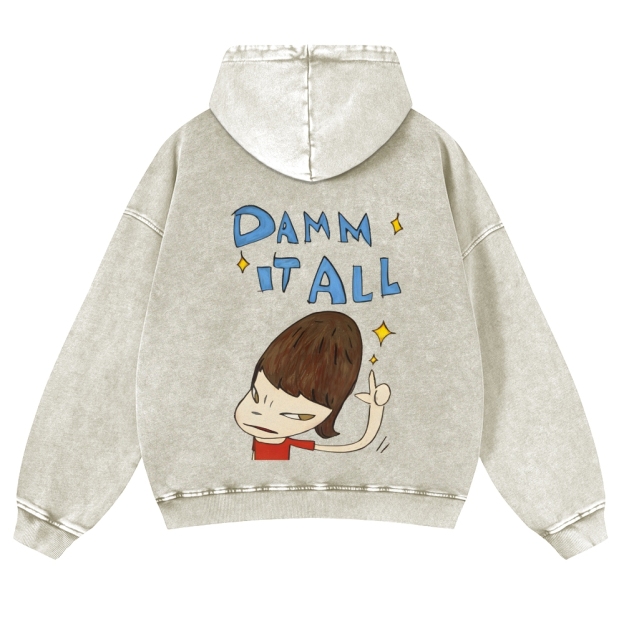 Casual Japanese Art Yoshitomo Nara Damn It All Washed Hoodie