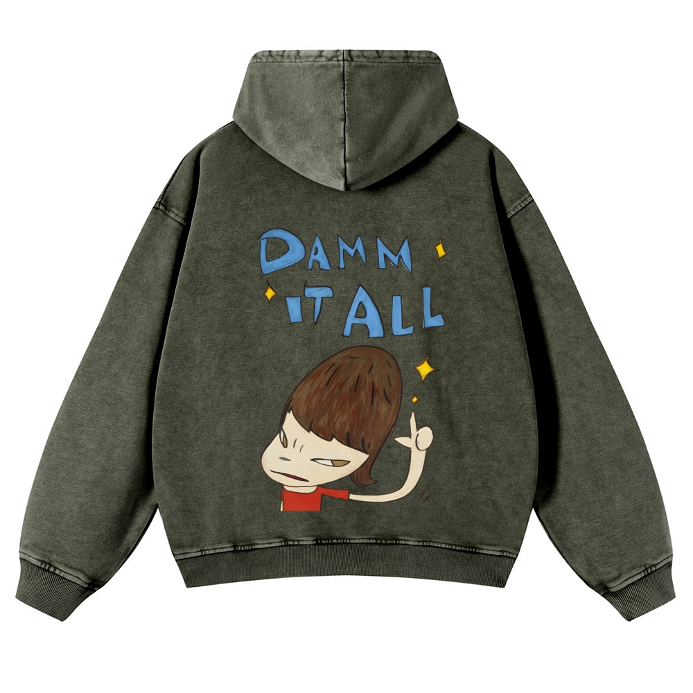 Casual Japanese Art Yoshitomo Nara Damn It All Washed Hoodie