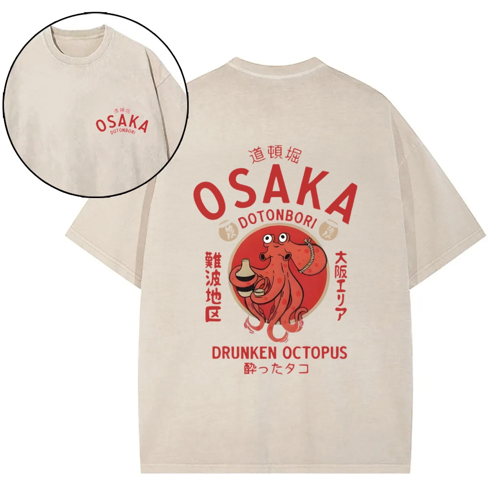 Osaka Dotonbori Drunken Octopus Vintage Wash Japanese Design Back Art T-Shirt