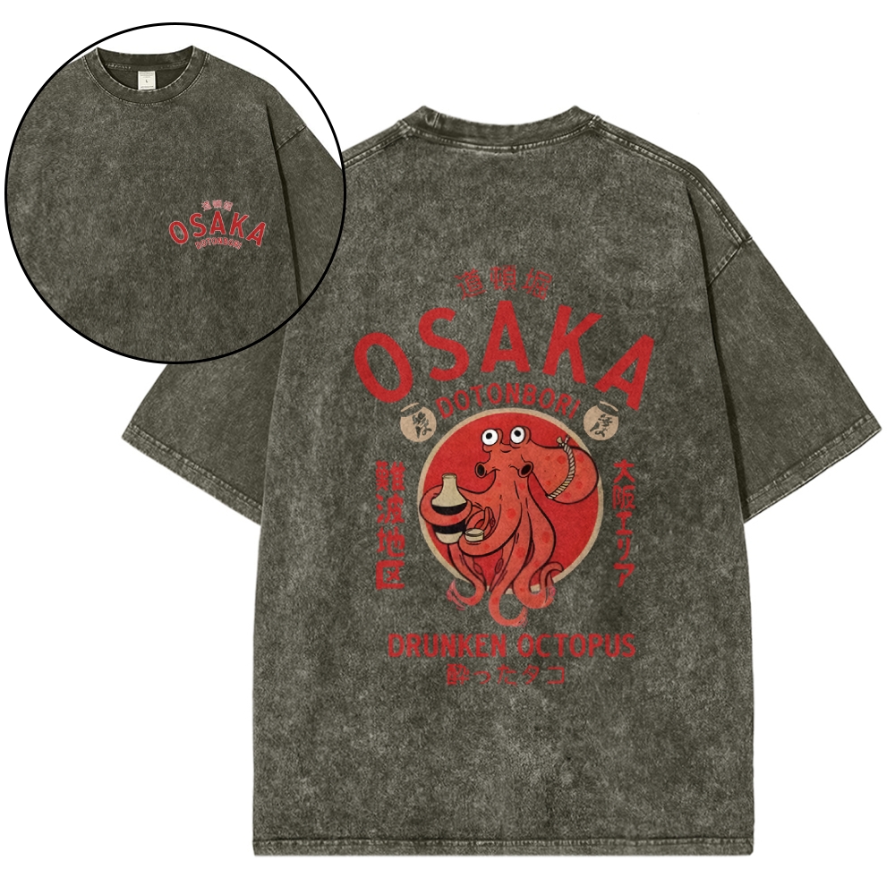 Osaka Dotonbori Drunken Octopus Vintage Wash Japanese Design Back Art T-Shirt