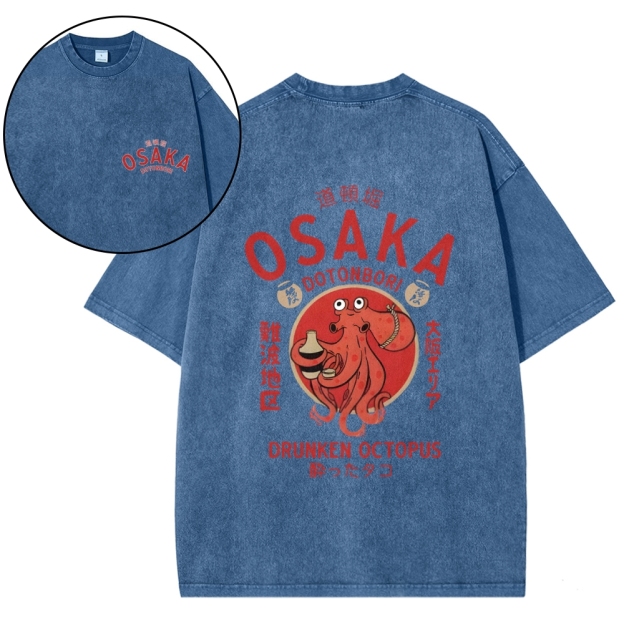 Osaka Dotonbori Drunken Octopus Vintage Wash Japanese Design Back Art T-Shirt