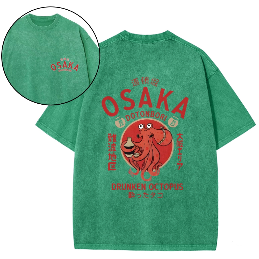 Osaka Dotonbori Drunken Octopus Vintage Wash Japanese Design Back Art T-Shirt