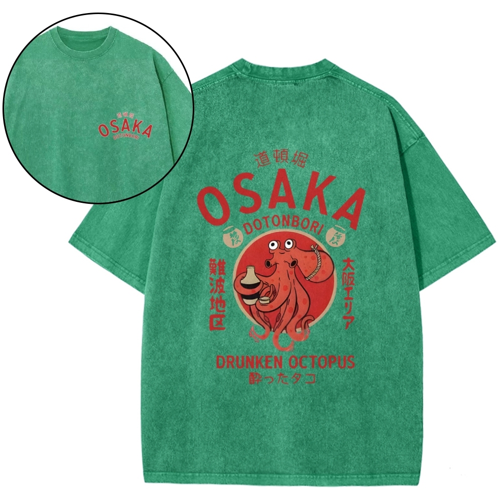Osaka Dotonbori Drunken Octopus Vintage Wash Japanese Design Back Art T-Shirt