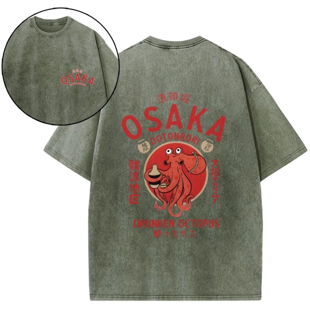 Osaka Dotonbori Drunken Octopus Vintage Wash Japanese Design Back Art T-Shirt