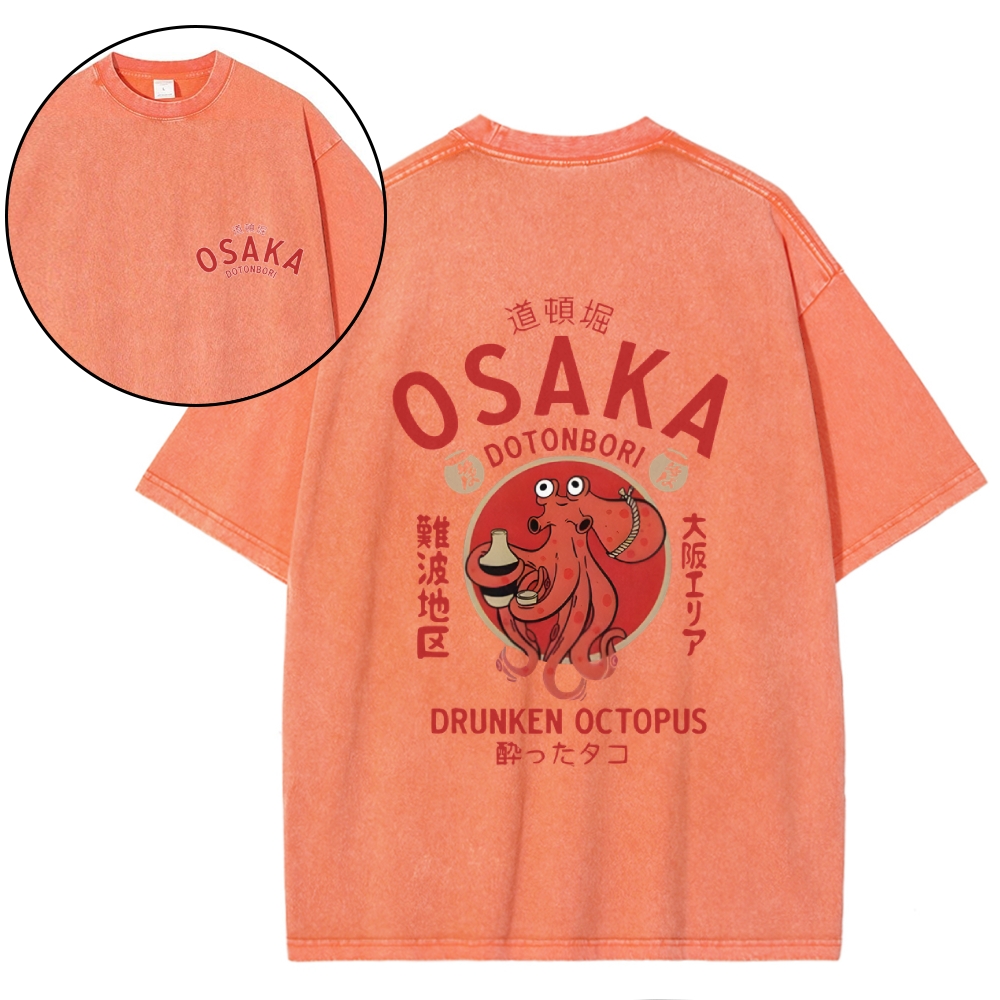 Osaka Dotonbori Drunken Octopus Vintage Wash Japanese Design Back Art T-Shirt
