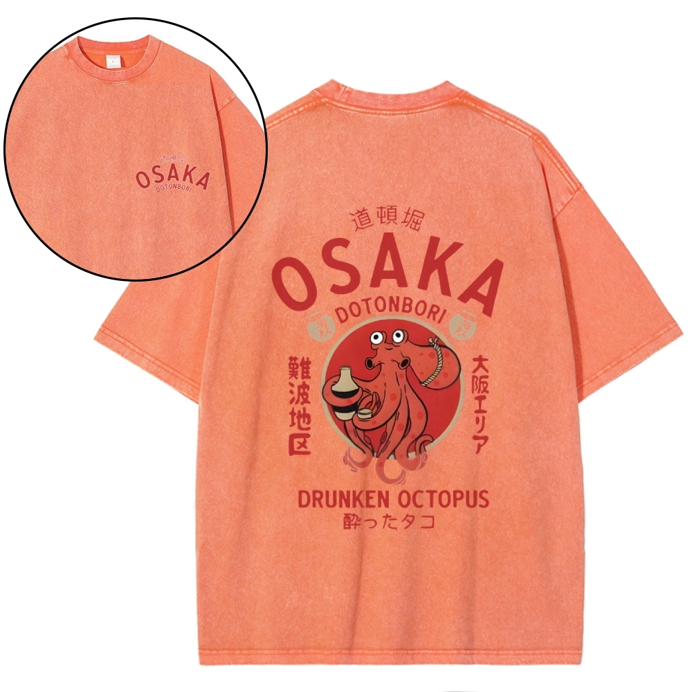 Osaka Dotonbori Drunken Octopus Vintage Wash Japanese Design Back Art T-Shirt