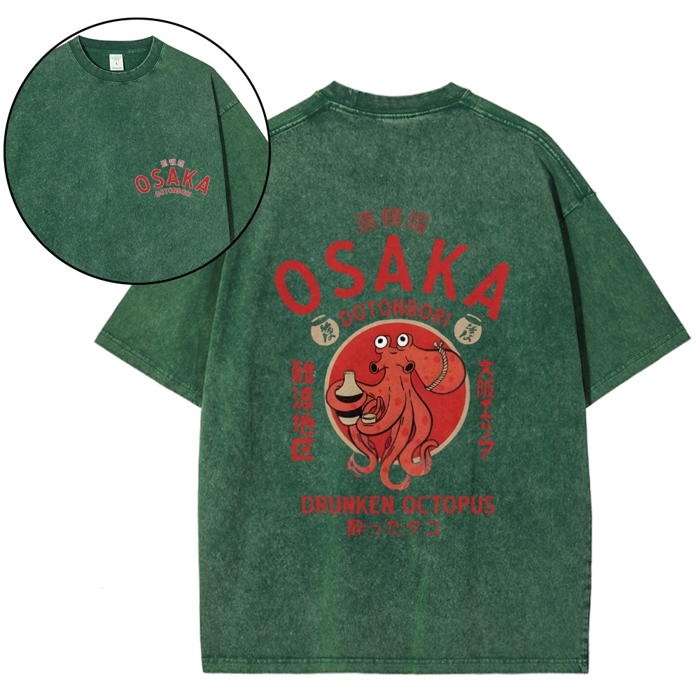 Osaka Dotonbori Drunken Octopus Vintage Wash Japanese Design Back Art T-Shirt