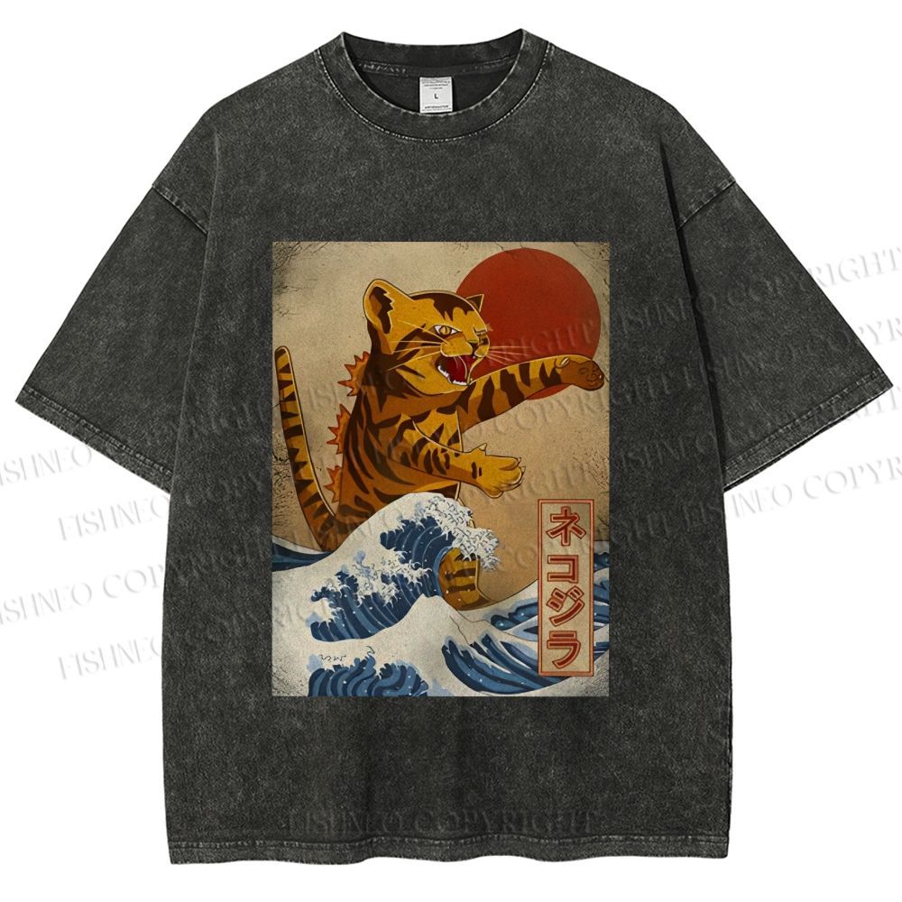 Unisex Japanese Wave Cat Printed Washed Tee