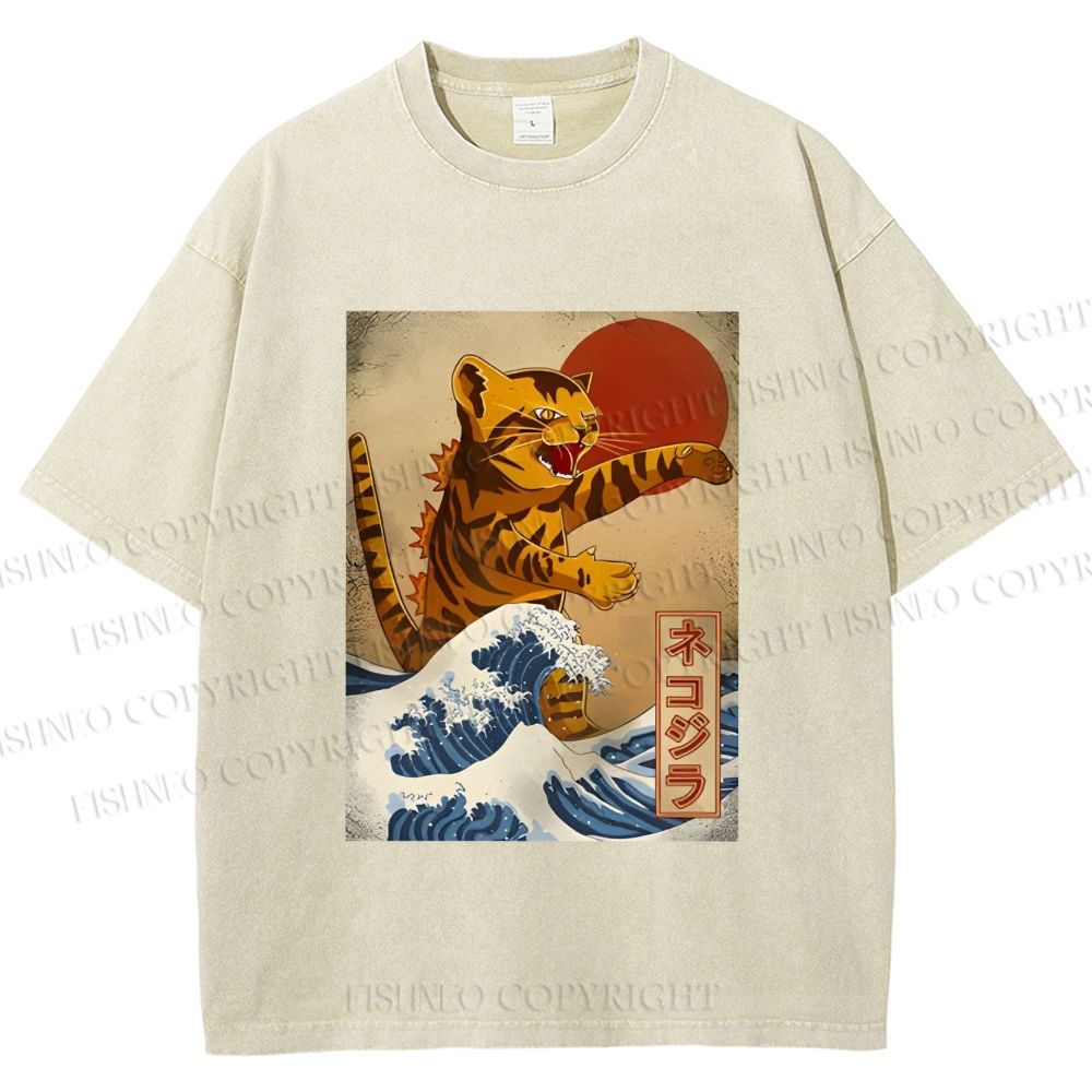 Unisex Japanese Wave Cat Printed Washed Tee