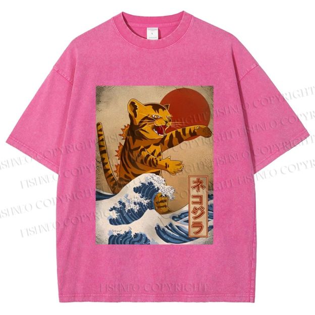 Unisex Japanese Wave Cat Printed Washed Tee