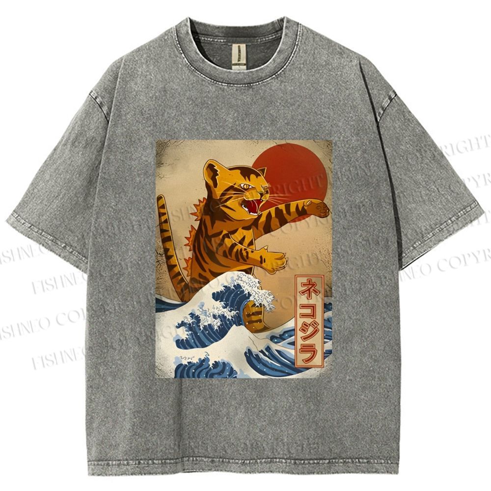 Unisex Japanese Wave Cat Printed Washed Tee